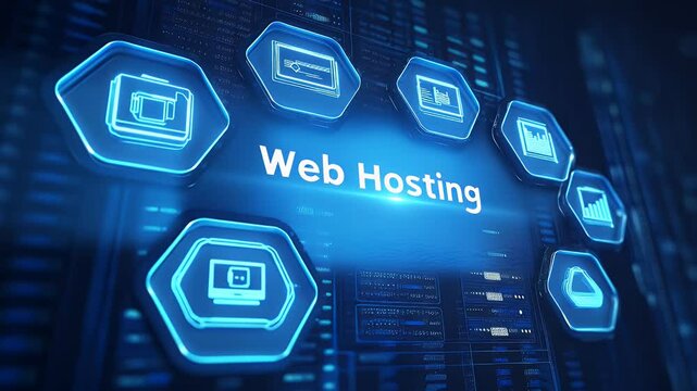 Blue web hosting themed icons, data, and text glow on dark servers
