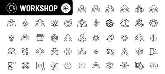 Set of thin line icons related to workshops and training sessions, including symbols of teamwork, brainstorming, presentations, planning, and skill development on a white background.
