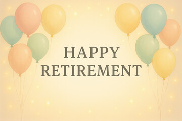 Happy retirement party greeting card with pastel balloons on soft glowing background creating warm and joyful atmosphere for celebration and good wishes