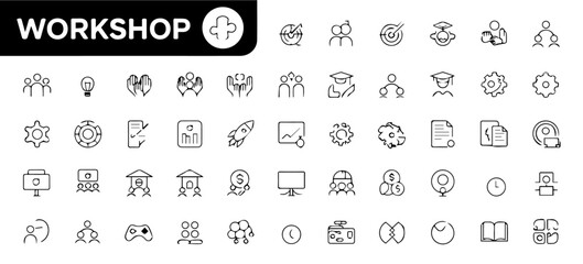 Set of thin line icons related to workshops and training sessions, including symbols of teamwork, brainstorming, presentations, planning, and skill development on a white background.