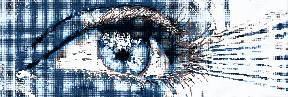 Poster pixelated eye graphic transforming into sharp symbol showcasing digital recovery and clarity in a mo