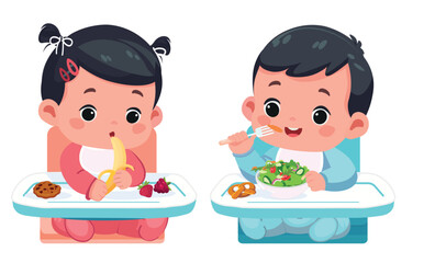 Baby Girl and Boy Eating Fruits, Vegetables, and Cookies – Cartoon Vector Illustration