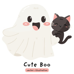 Obraz premium cute ghost with cute black cat vector illustration