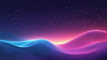 Abstract digital landscape with glowing neon lines and particles.