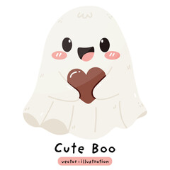 cute ghost with Halloween pumpkin and chocolate heart vector illustration