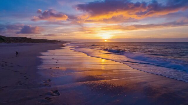 Scenic Beach Sunrise with Waves and Colorful Sky