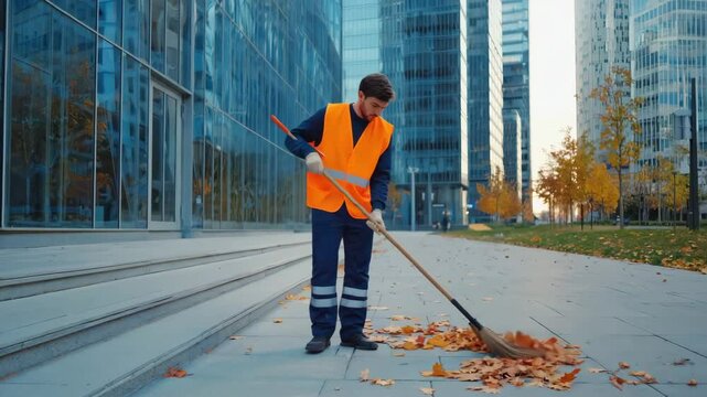 Street Cleaner Sweeping Autumn Leaves in Modern Cityscape