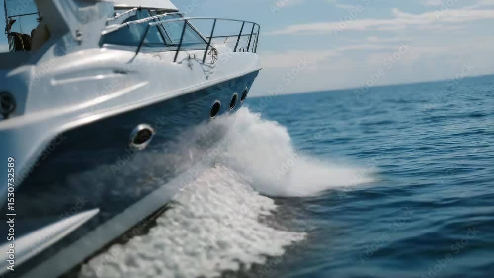 Poster A yacht moving at high speed on the sea, with a close-up of its bow and waves splashing against it. The background is a blue sky and calm water, creating an atmosphere of freedom and adventure.