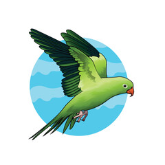 Green Parrot in Flight Over a Blue Circle