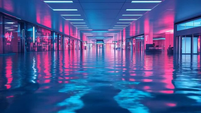 Flooded Futuristic Mall with Neon Lights and Reflections