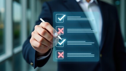 A person marks a checklist on a digital interface.