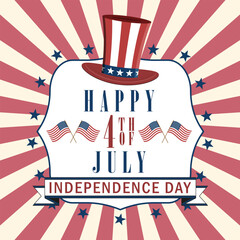 Happy 4th of July background with US national flag, fireworks and stars. USA Independence Day background. Vector illustration.