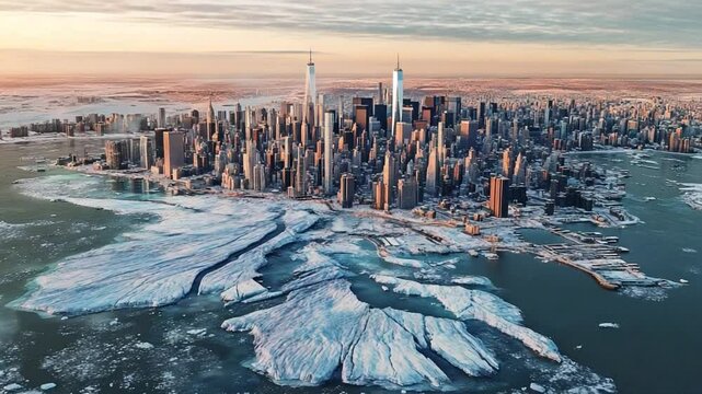 Frozen Cityscape of Manhattan During a Harsh Winter
