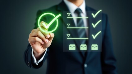 Person marking a checklist with a glowing green checkmark.