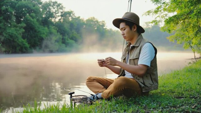 Young Man Preparing Fishing Line by a Misty River at Sunrise