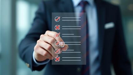 Person marking a checklist on a transparent screen.