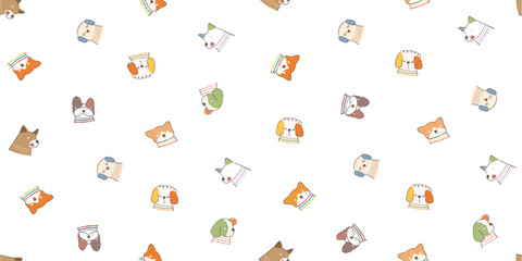 Seamless Pattern with Cartoon Dog Design on White Background. Hand Drawn Vector Illustration.