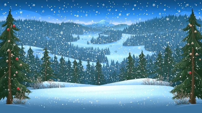 A picturesque winter landscape, showcasing a snowy valley nestled amidst a dense evergreen forest under a falling snow.  Two decorated evergreen trees flank the foreground
