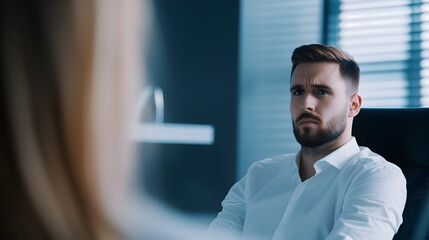Serious Interview: A professional man, poised in a button-down shirt, engaged in a pivotal discussion. The image captures the intensity of a job interview, as he leans in.