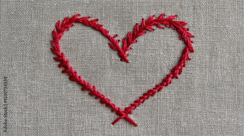 Aufkleber Red Thread Forming Heart Shape on Textured Linen Fabric Creating a Warm and Inviting Atmosphere for Crafts and Textile Art Lovers