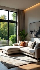 Stylish modern living room with large windows, comfortable sofa, and minimalist decor Natural light floods the space, highlighting the elegant design details and textures , interior design, wood