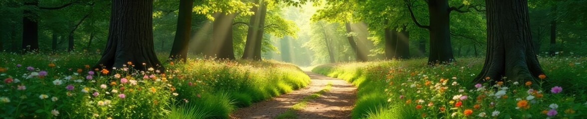 Sun-dappled forest path winding through lush green trees and vibrant wildflowers on a bright summer day Sunlight streams through the canopy, creating a magical atmosphere , forest, summer day, light