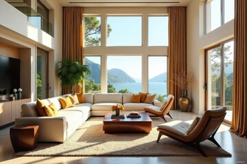 Sun-drenched living room with soaring ceilings and opulent furnishings Expansive windows offer breathtaking views, highlighting the luxurious, spacious design , minimalist, large