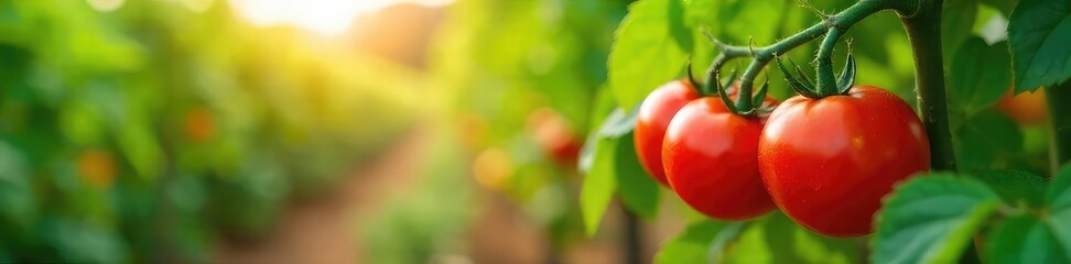 Sun-drenched tomatoes ripening on the vine in a lush Italian food plantation, surrounded by vibrant basil and oregano A picturesque scene of idyllic farming , landscape, lush, tomato plants