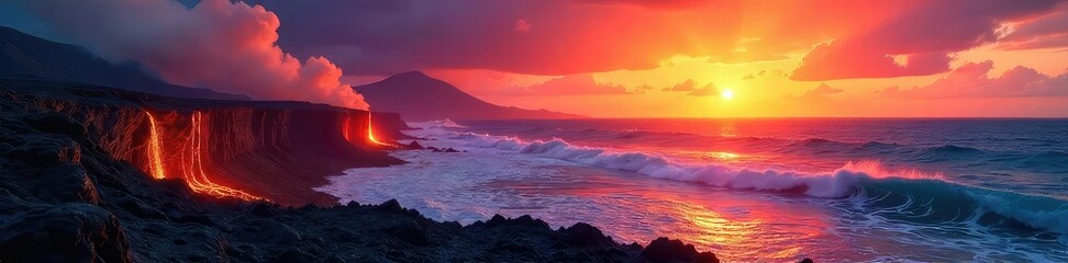 Sun-drenched volcanic landscape, glowing lava flows meeting the ocean under a vibrant summer sky Perfect for travel, nature, and geology-themed projects , red, energy
