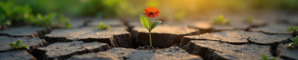 Symbolic depiction of rebirth and renewal; a single, vibrant flower pushing through cracked earth, representing hope and spiritual resurrection , islam, belief