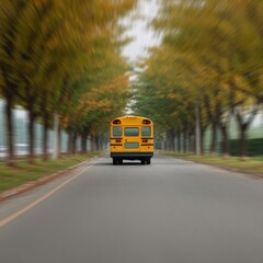 Bus in motion under tree-lined road during autumn, Electric school bus