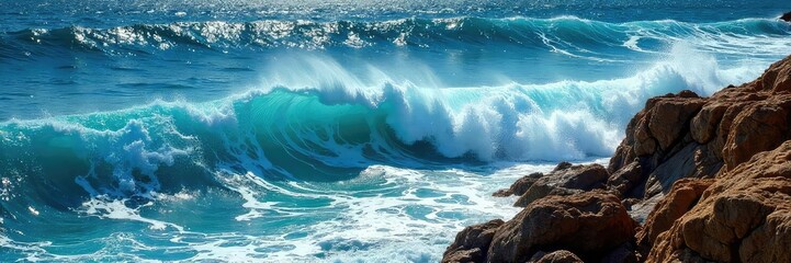 Vast, deep blue ocean waves crashing against a rocky shore, creating a dramatic seascape Sunlight glints off the water's surface, highlighting the texture and power of the ocean , rock, blue