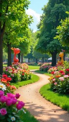 Vibrant floral displays and whimsical sculptures adorn a beautifully landscaped park, creating a cheerful and inviting atmosphere perfect for relaxation and recreation , scenic, creation