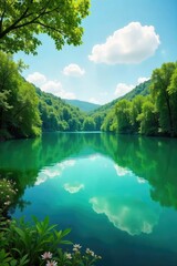 Vibrant green hues of a tranquil lake, reflecting lush foliage and a clear sky Perfect for nature, serenity, and environmental themes , quiet, color, leaves