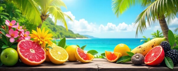 Vibrant summer scene with colorful flowers, juicy fruits, and bright sunshine Perfect for summer vibes, vacation, and tropical themes , color, travel