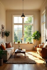 Warm sunlight streams through large windows in a spacious and inviting family home, highlighting the comfortable interior and charming architectural details , classic, family