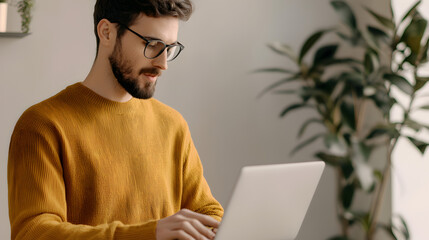Focused Endeavor: A man engrossed in his laptop, likely at his home office, wearing glasses and a warm yellow sweater. The image embodies dedication, work ethic and a comfortable workspace.