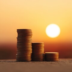 Coins stacking higher as sun rises in background, Financial independence