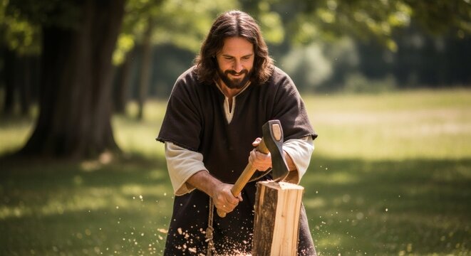 Biblical man splitting wood, embodying strength and earthly dedication, with serene background