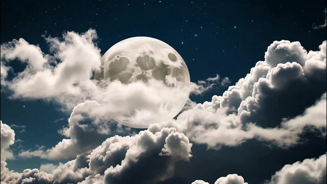 4K time-lapse of a super slow-motion shot capturing a single full moon glowing brilliantly in a starry night sky above drifting clouds. Suitable for marketing or business purposes