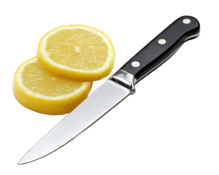 Knife with black handle and two lemon slices isolated on transparency background, sharp kitchen tool ready for cutting citrus fruit with fresh yellow color and juicy texture