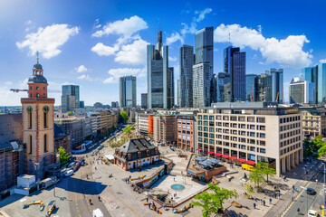 Fototapeta premium Elevated view of the City Center of Frankfurt am Main, Germany, with Hauptwache, St. Katharinen Church and financial skyline