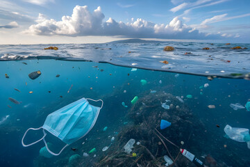 Plastic waste and trash on ocean and seashore showing marine pollution and environmental damage. A common issue affecting oceans and marine ecosystems worldwide.