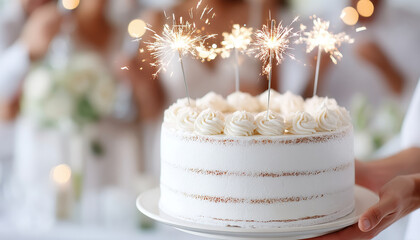 White frosted cake with sparklers on top is being held during joyful retirement party celebration with blurred guests and soft lighting in background creating festive mood