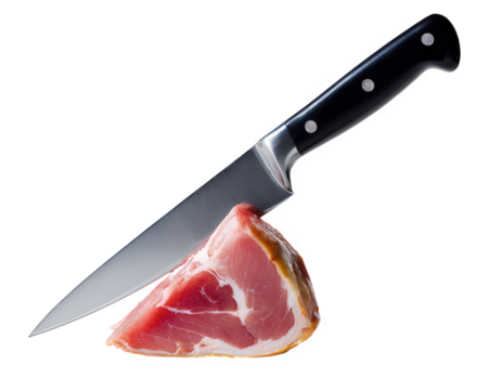 Knife slicing cooked ham with black handle isolated on transparency background, sharp kitchen tool cutting fresh meat for cooking or meal preparation, close up image