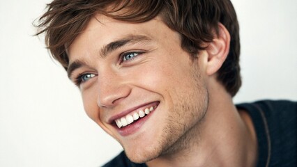 Fototapeta premium Happy young man's portrait, a casual guy with a joyful expression and a handsome smile, looking at the camera