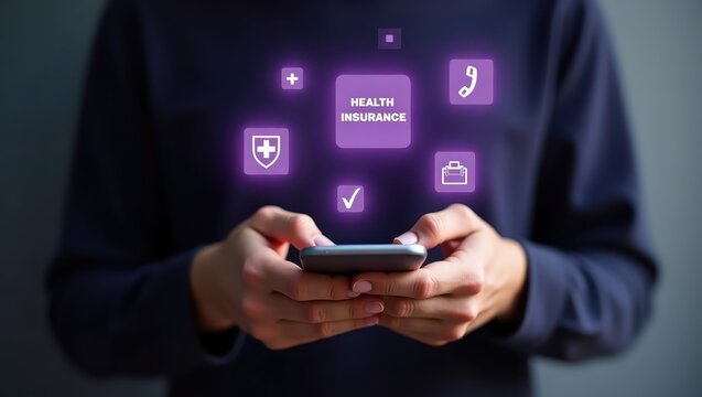 Person holding a smartphone with glowing health insurance icons.