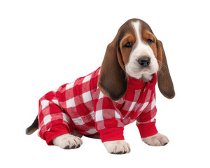 Basset hound puppy wearing red and white checkered pajamas sitting and looking forward with calm expression on transparent background
