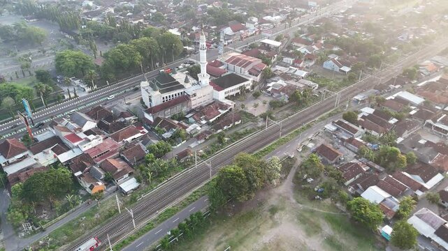 Aerial Urban View of a Mosque and Residential Neighborhood near the Prambanan Temple Complex in Yogyakarta, Indonesia