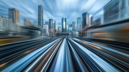 Fast moving train in a modern city motion blur effect